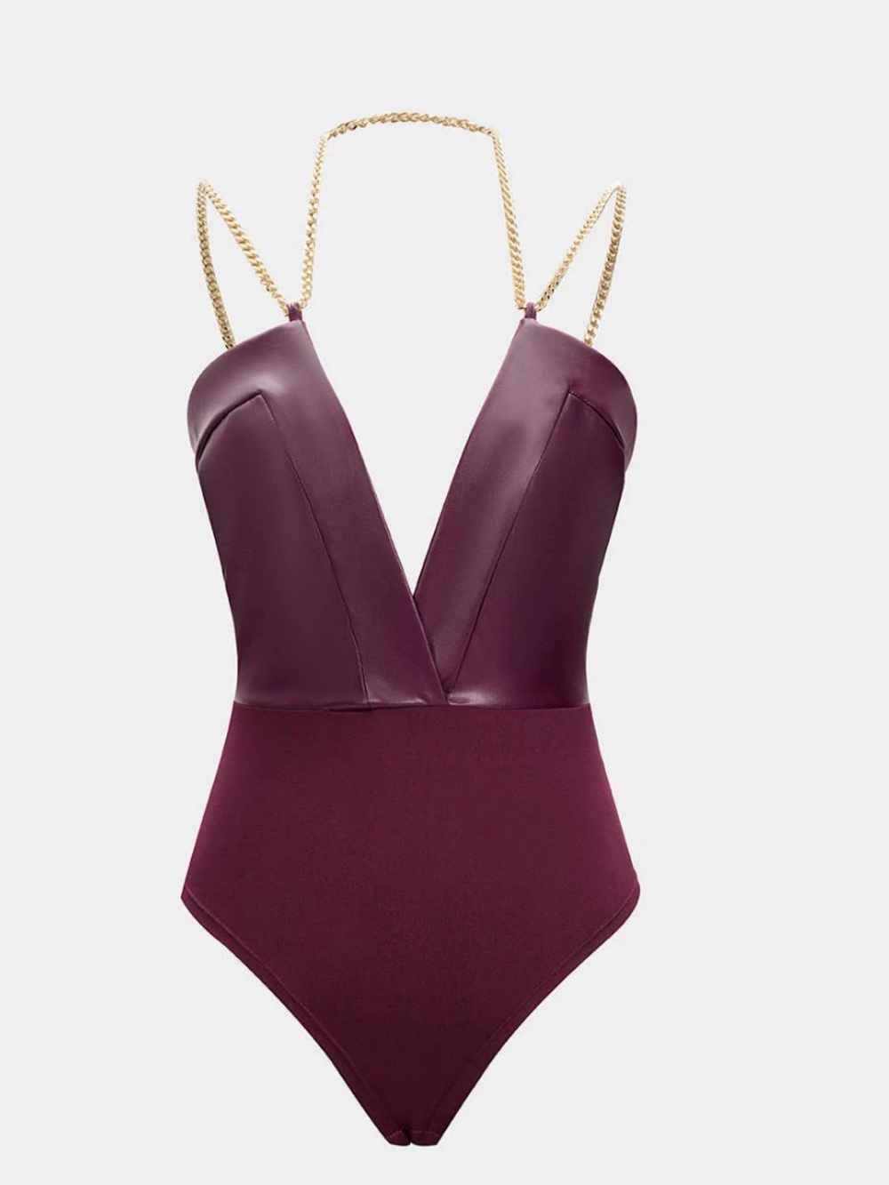 Micas Faux Leather Chain V-Neck Bodysuit
